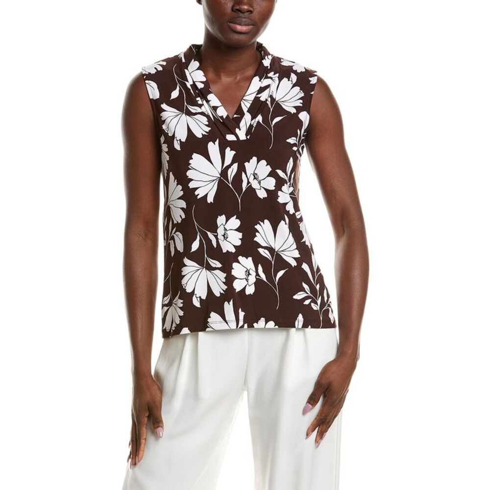 Anne Klein Womens  Printed Triple Pleat Top, Brown